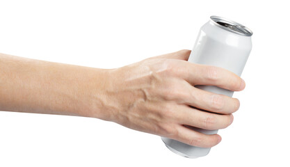 White aluminium can in male hand cut out
