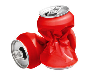 Crumpled empty red aluminium cans cut out