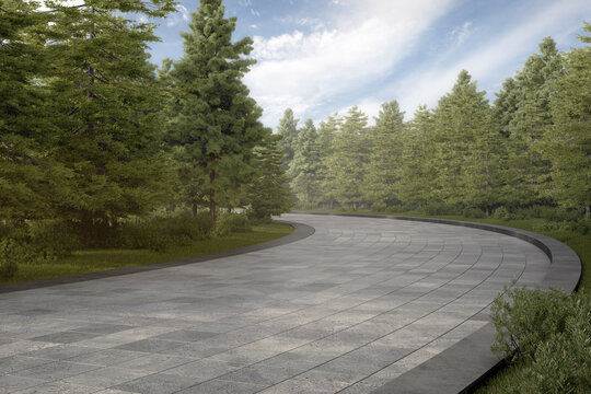 Empty curved concrete path with meadow and tree. 3d rendering of abstract space with sky background.