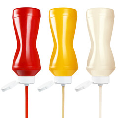 Ketchup, mustard and mayonnaise squeezing out of plastic bottles, cut out