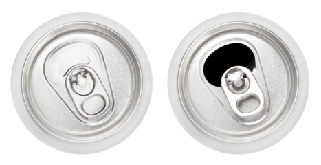 Top view of closed and opened aluminium cans cut out