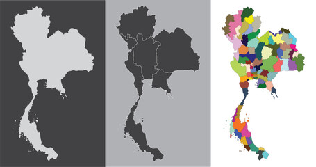 Thailand map set region provinces in black color on grey and colorful map	