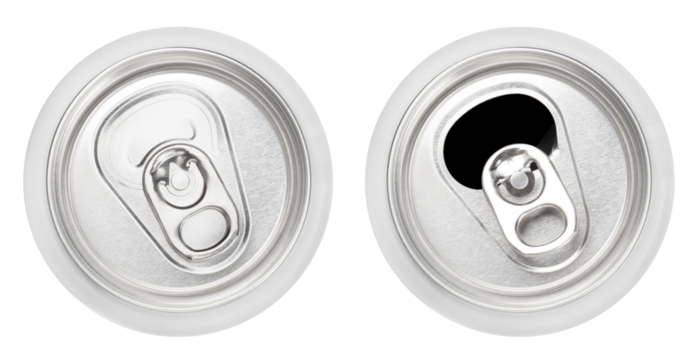 Top view of closed and opened aluminium cans cut out