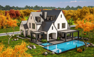 3d rendering of cute cozy white and black modern Tudor style house with parking  and pool for sale or rent with beautiful landscaping. Fairy roofs. Clear sunny autumn day with golden leaves anywhere
