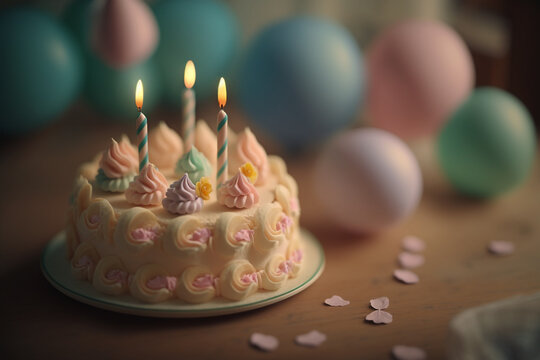 celebrate birthday cake with candles low light. illustration Generative AI