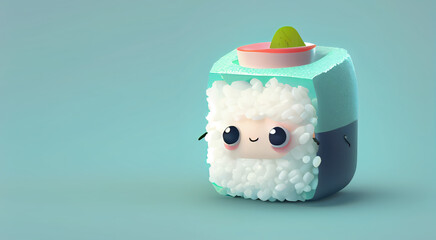 Blue pastel colors sushi cartoon 3d character. Cartoon kawaii sushi with big eyes. Creative concept for sushi restaurant, Japanese cuisine cafe. 3d render illustration. Generative AI art. Copy space