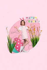Creative cute easter template collage of sweet young kid girl dream season character bunny prepare color eggs hunt