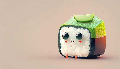 Cute sushi cartoon 3d character. Cartoon kawaii sushi with lime slice. Creative concept for sushi restaurant, Japanese cuisine cafe. 3d render illustration. Generative AI art. Copy space