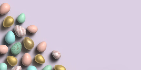  Close-up of decorative mini Easter Eggs, luxury natural stone texture, pastel colors golden on a lilac background, stylish elegant minimalist aesthetic concept, with plain background with copy space