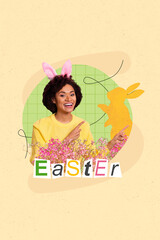 Template image easter invitation collage of beautiful lady wear rabbit ears headband advertise chocolate dessert