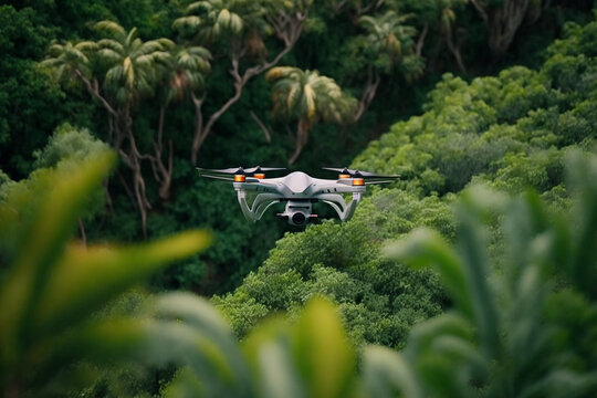 drone flying among the trees in the green jungle illustration Generative AI