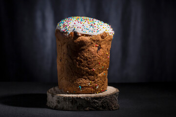 Close-up of Easter on a wooden stand. Easter cake, Christian Easter.