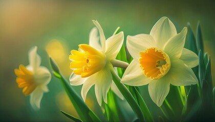 Yellow Daffodils Flowers closeup on green background. Generative ai