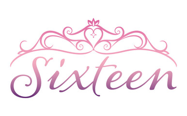 Sixteen text and elegant tiara with a pink purple gradient
