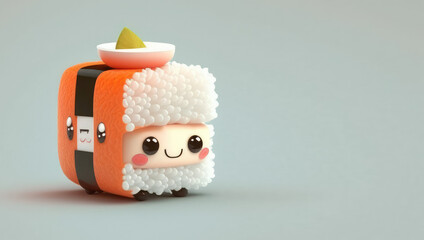 Cute sushi cartoon 3d character. Cartoon classic kawaii sushi with big eyes. Creative concept for sushi restaurant, Japanese cuisine cafe. 3d render illustration. Generative AI art. Copy space