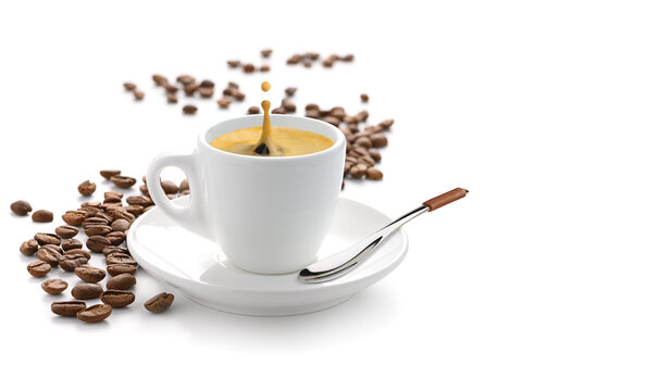 Coffee splash from a cup with scattered beans isolated on a white