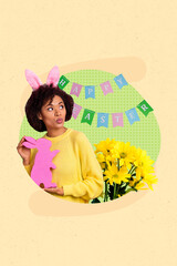Fototapeta premium Creative postcard brochure collage of funny lady in rabbit ears look easter decoration flags hold chocolate present