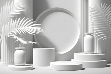 Abstract white 3D room with realistic white pedestal podium and tropical leaves, Generative AI