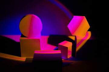 geometric shapes of different shapes and sizes of neon psychedelic cosmic bright colors. for...