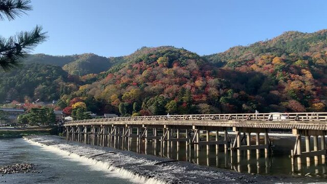 嵐山の紅葉と桂川にかかる渡月橋