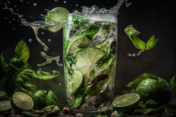 cold fresh mojito with ice mint and lime in a glass,summer drink illustration Generative AI