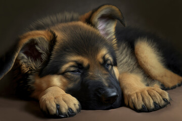 German shepherd puppy sleeping, close up. Baby dog portrait. Generative AI
