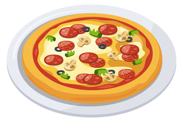 Pizza on plate. Traditional italian dish cartoon icon