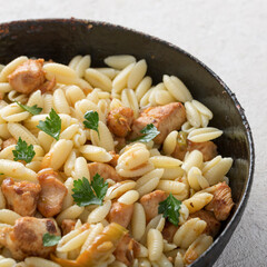 Gnocchi pasta with meat close-up in a pan. Italian cooking