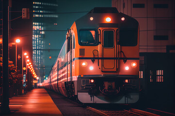 train passing through the night city illustration Generative AI