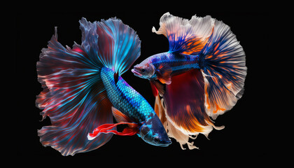 Ai generate illustrations of Siamese fighting fish (betta). Colorful fighting fish isolated on black background.