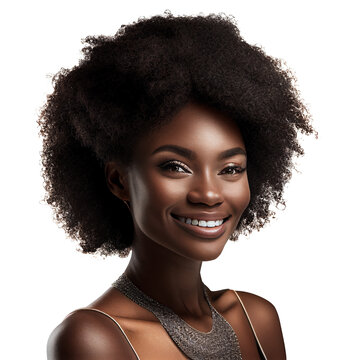 portrait of Beautiful woman african american with an afro hairstyle smiling, isolated on white background, image ai generate