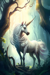 Obraz na płótnie Canvas A unicorn in a fairy forest. Generative AI.