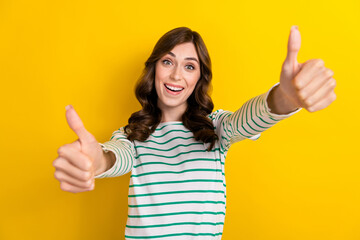 Photo portrait of lovely young lady showing excited double thumb up dressed stylish striped clothes...