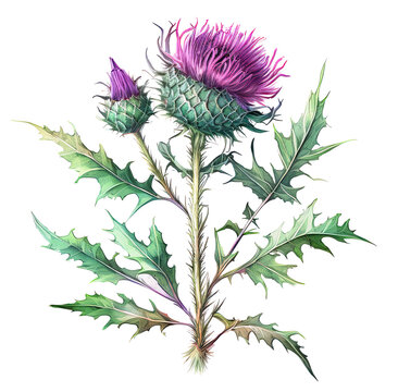 Scotch thistle isolated on white background. Generative AI detailed watercolour illustration