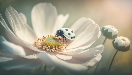 Dreamy white spring anemone flower bloom, grass, ladybug, butterfly close-up against sunlight panorama. Generative ai