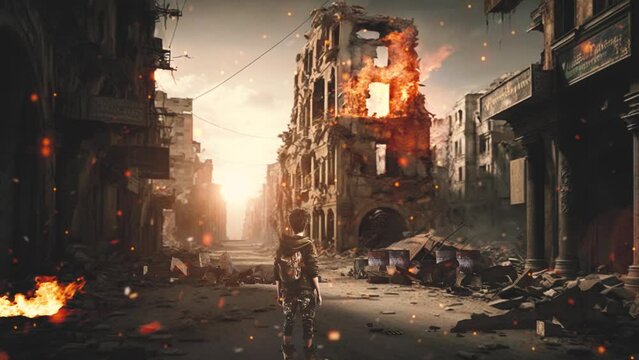 The camera focuses on a 10-year-old boy in dirty clothes, standing in the midst of a ruined city after a war. 