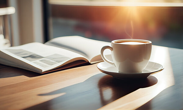 Book and a coffee cup, Generative AI