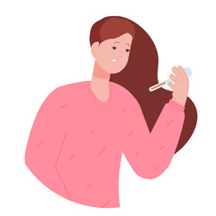 Fever symptom. Woman holding thermometer. Person measuring body temperature