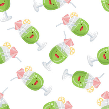 Cute green cocktail  seamless pattern. Vector illustration. Food icon concept. Flat cartoon style..