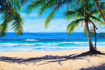 Fototapeta na wymiar Beach and palm trees, illustration in watercolor style. AI generative.