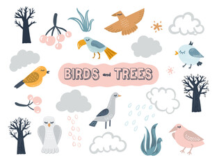 Scandinavian vector set with birds, trees and clouds. Cartoon cute illustration for kids design.