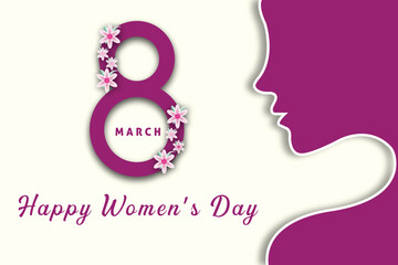 8th march happy women's day background design with paper art woman silhouette. Women's day greeting card design, vector illustration