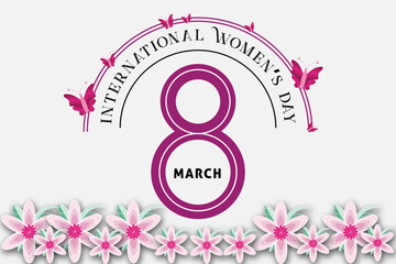 International women's day greeting card and background design with butterfly and blossom. 8th march happy women's day poster design.