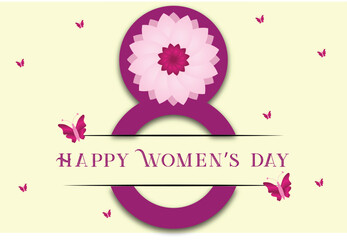 8th march happy women's day greeting card and background design with butterfly and blossom. Women's day banner and poster design.