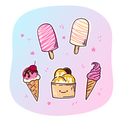 Vector illustration of doodle ice cream. A set of sweets stickers in trendy candy pastel colors.