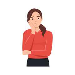 Sad young business woman with hand on chin. Flat vector illustration isolated on white background