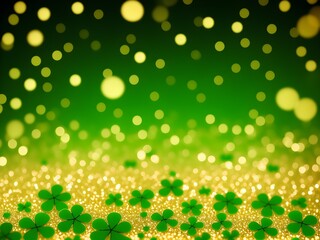 Fototapeta premium Festive background with shining clover shamrocks and golden bokeh. St. Patrick's Day backdrop. Generative AI