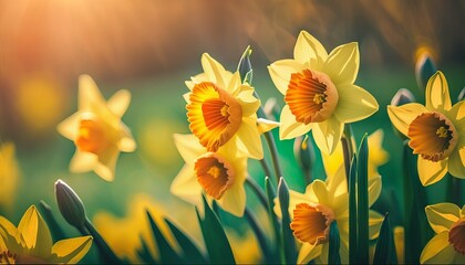 Fototapeta na wymiar Yellow Daffodils Flowers closeup on green background. Generative ai