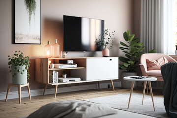 TV stand, in modern Scandinavian style, soft colors in a small apartment of a young family