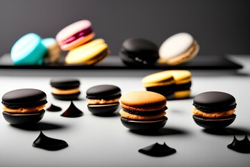 Photo of luxury high end macaroons with a black background - generative ai